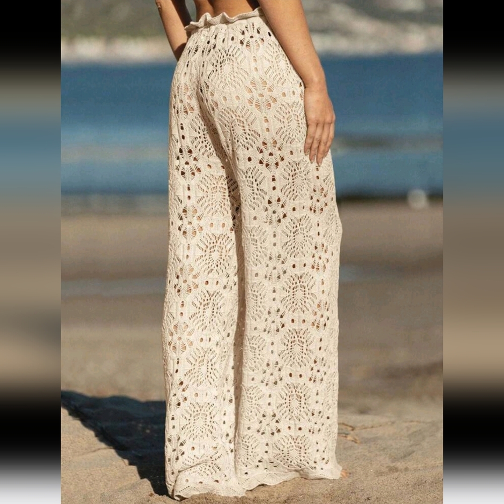 Women's Sexy Crochet Beach Pants - Sheer Mesh Coverup With Adjustable Drawstrin - Picture 4 of 4